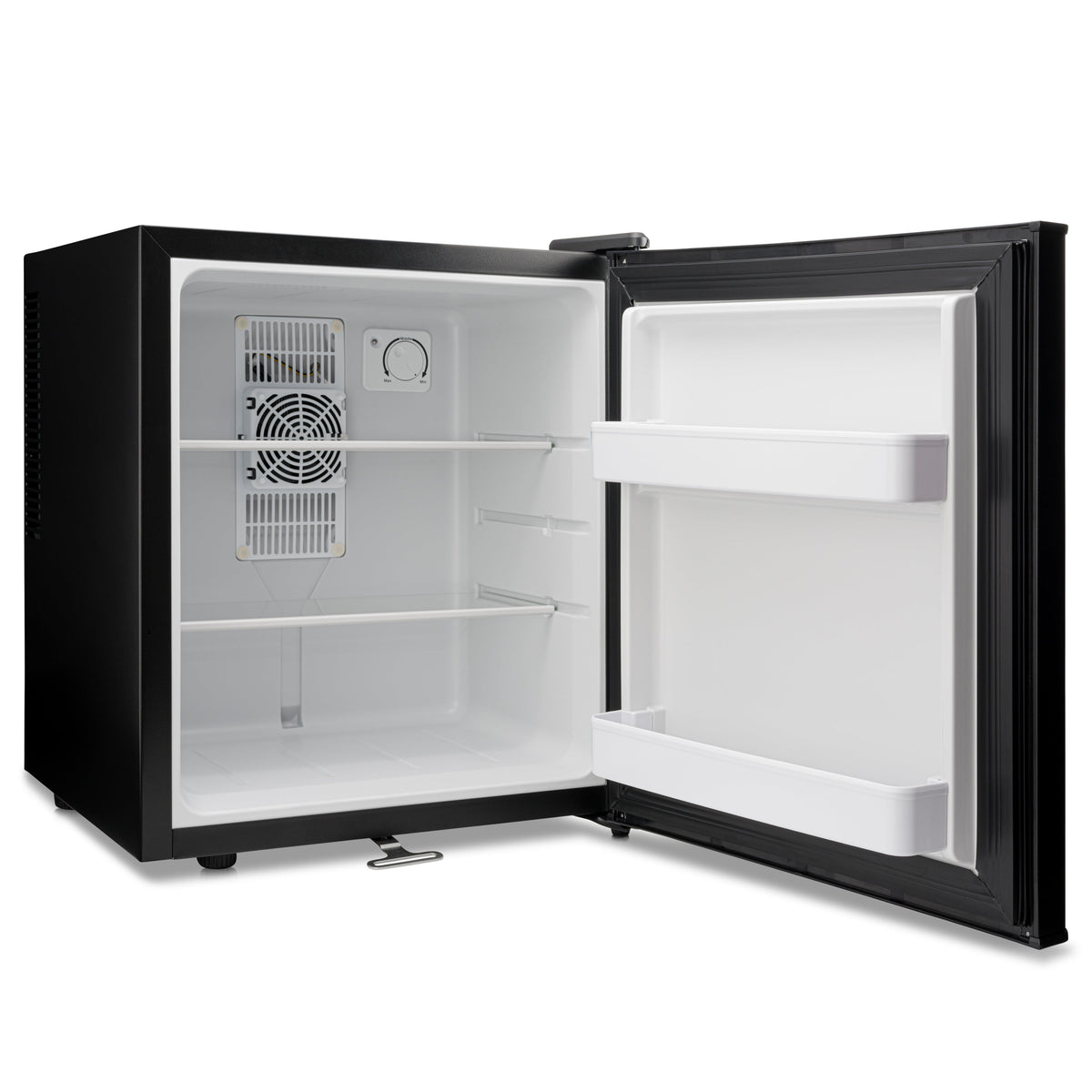 Black mini fridge open showing white interior shelves, fan vent, and door racks