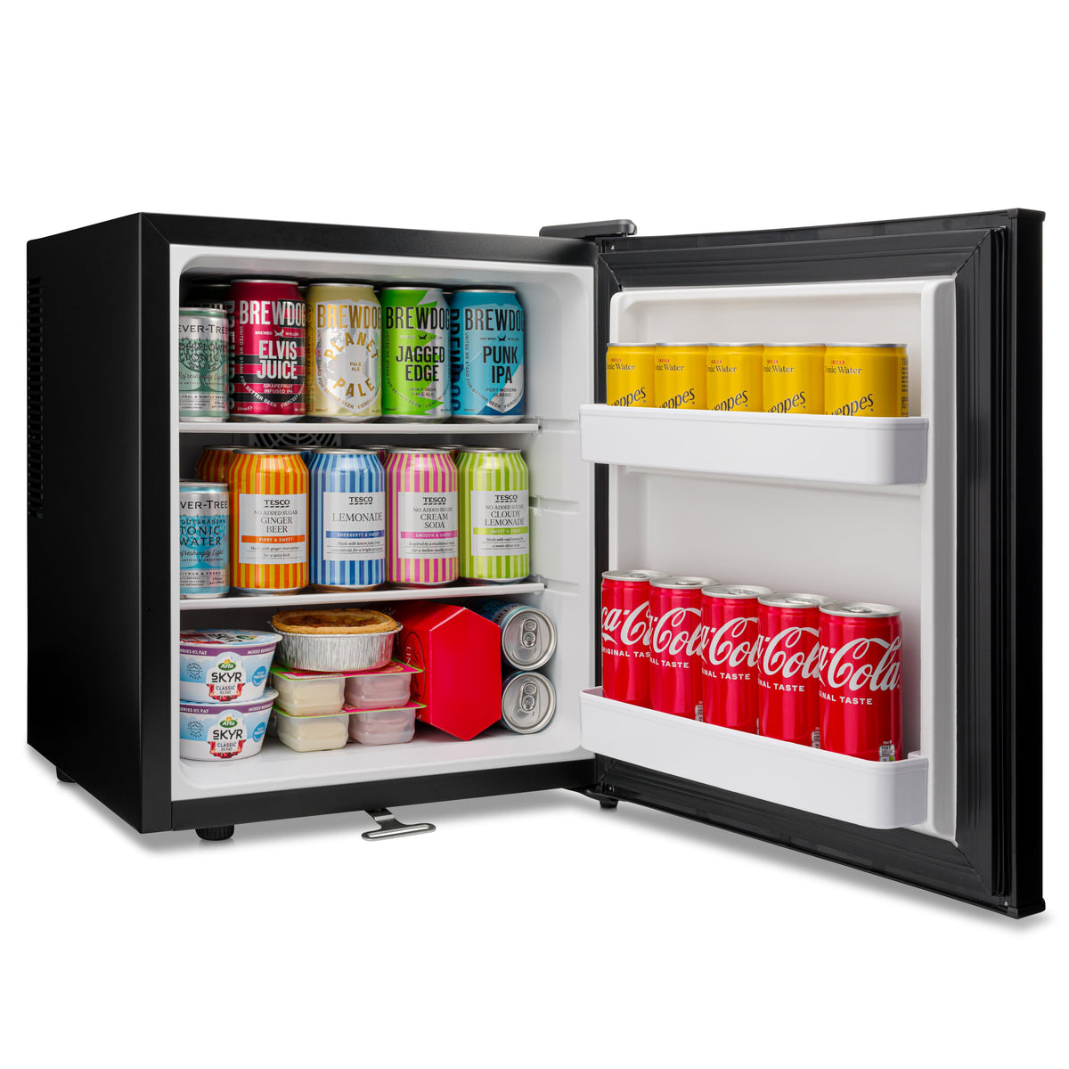 Black mini fridge open with white shelves and drink cans and bottles