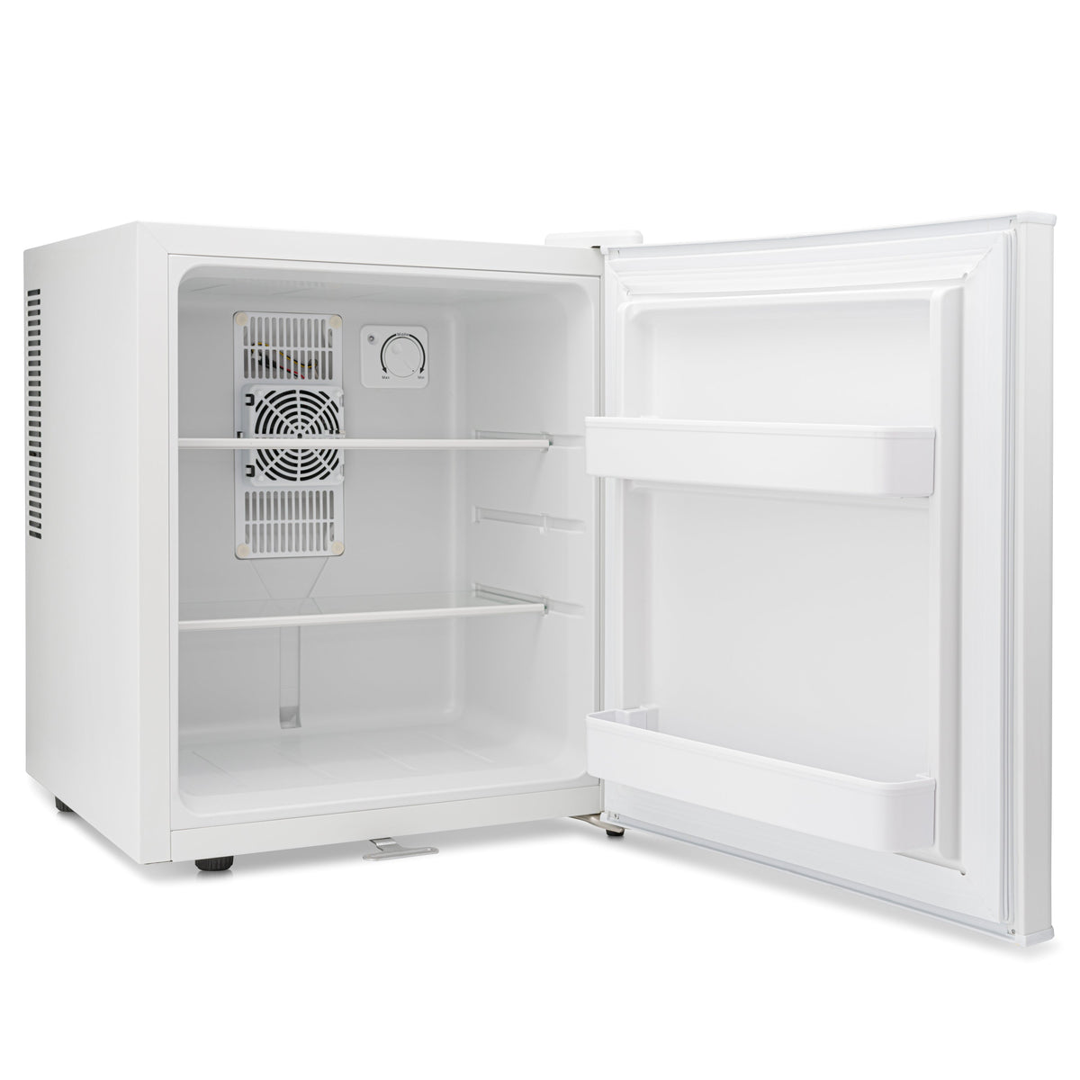 White mini fridge with door open showing shelves, fan vent, and internal layout
