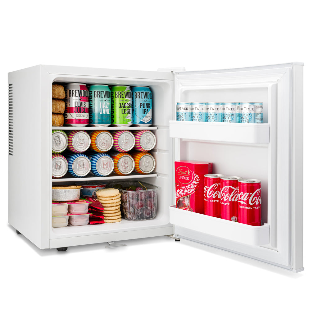 White mini fridge with open door filled with cans, bottles, and food containers