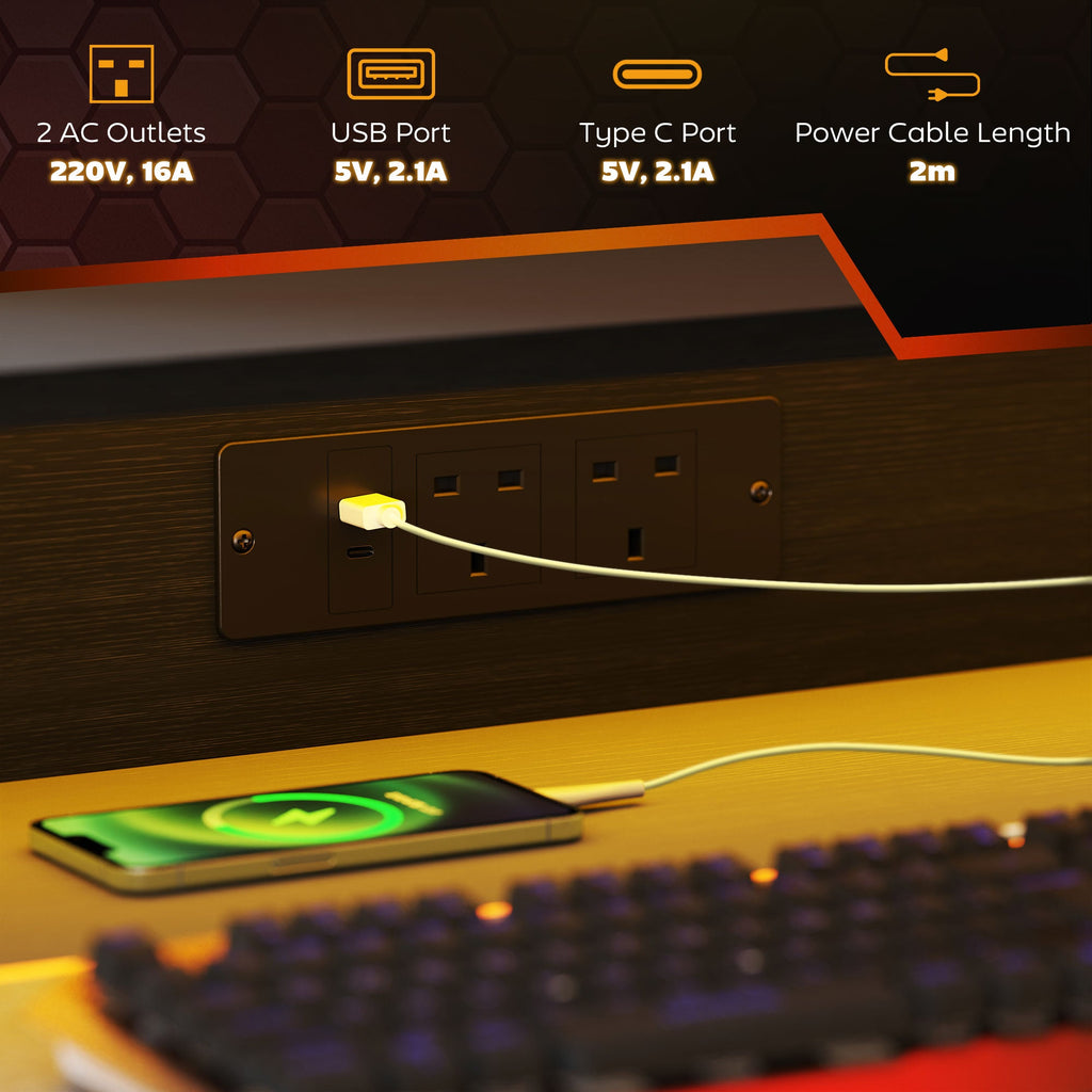Black gaming desk side panel with 2AC outlets, USB ports, and power cable