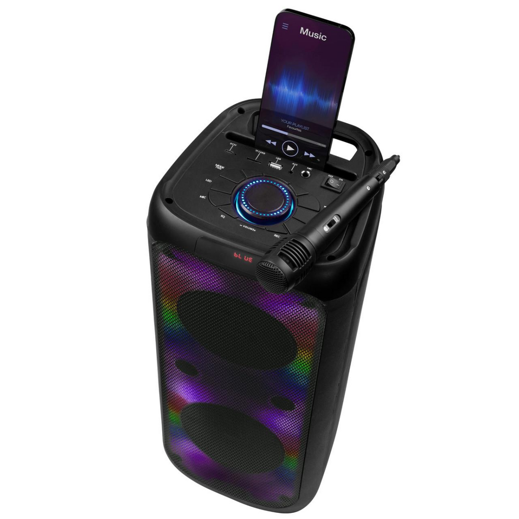 Black portable karaoke speaker showing top controls, blue LED dial, and front speaker grille