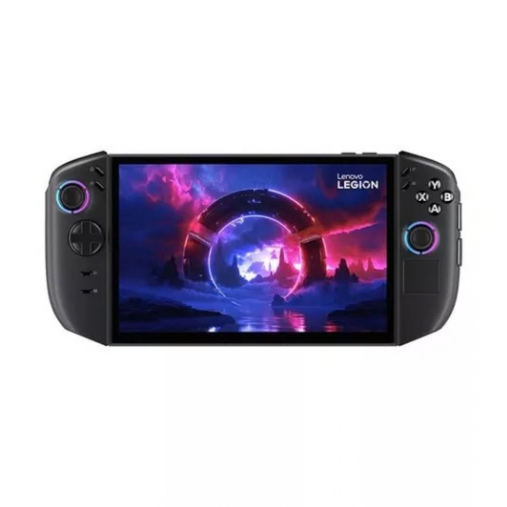 Black handheld gaming console with dual controllers, showing game screen and D-pad