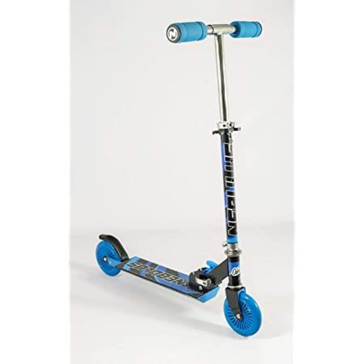 Blue and black kick scooter with printed deck, chrome stem, and blue wheels