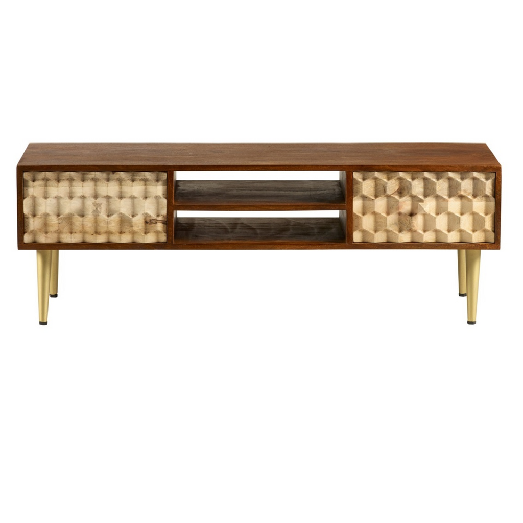 Large TV media stand with center open compartment and two patterned cabinet drawers