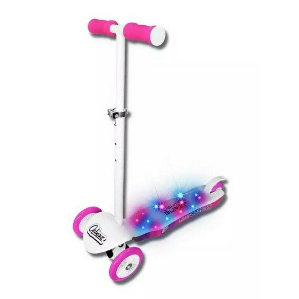Girls light-up scooter with white frame, pink handle grips, and starburst deck lights.