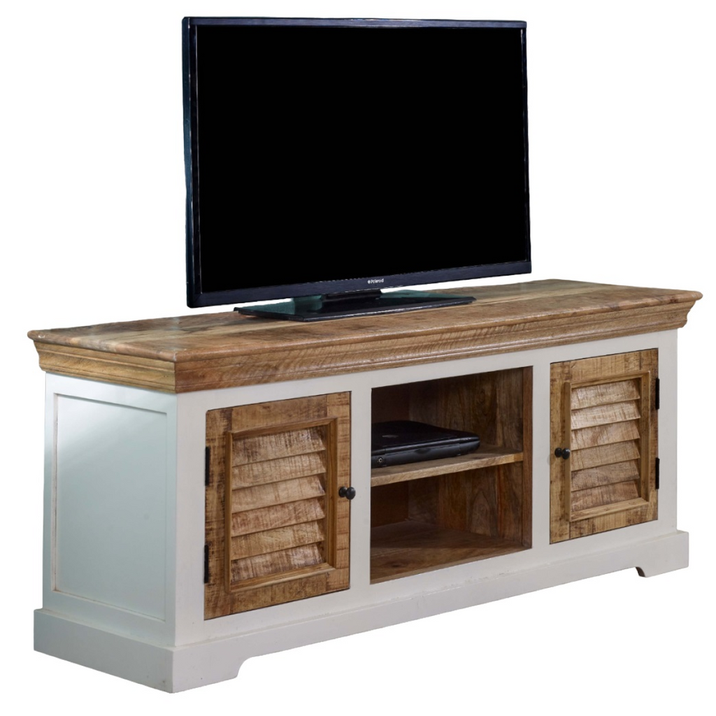 Wood TV cabinet with two shutter-style door panels and central open media compartment.