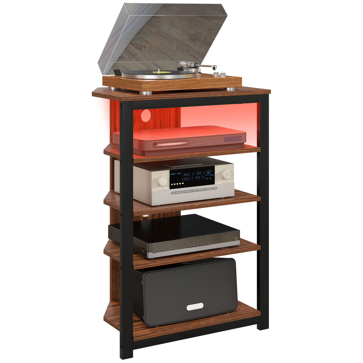 Corner TV/media stand with 4-tier open shelves, dark frame, and RGB LED lighting.