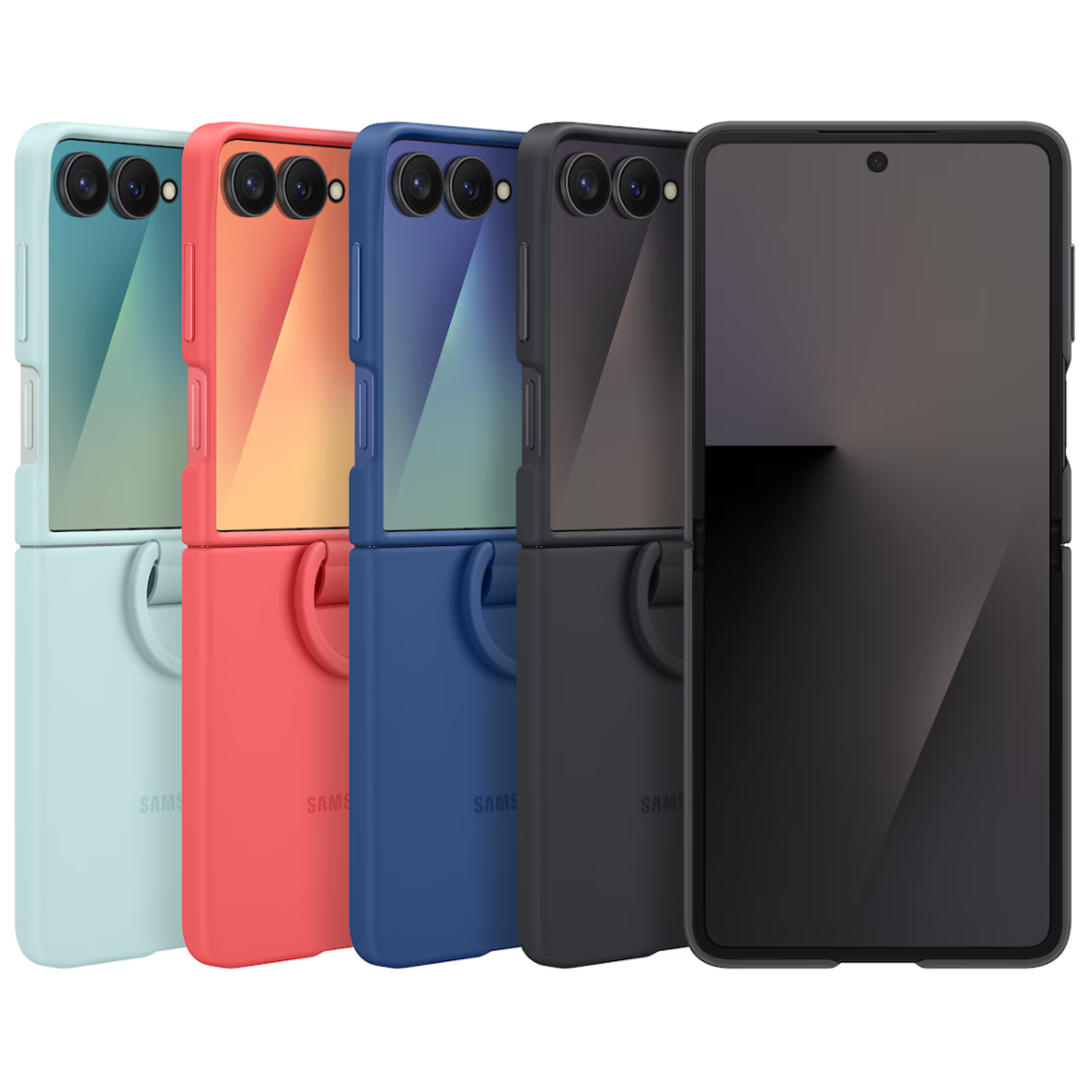 Galaxy Z Flip7 silicone case set with ring in red, blue, black, and light blue