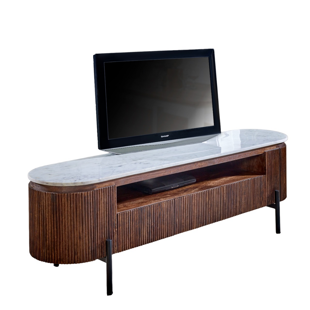 TV console with marble-look top, brown slatted mango wood front, and black metal legs