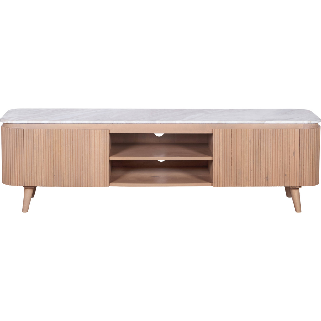 Large TV cabinet with light gray veined marble top and fluted wood side panels