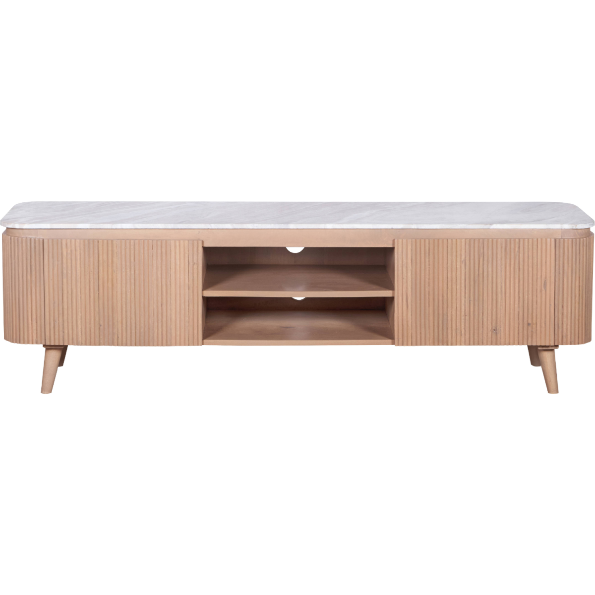 Large TV cabinet with light gray veined marble top and fluted wood side panels