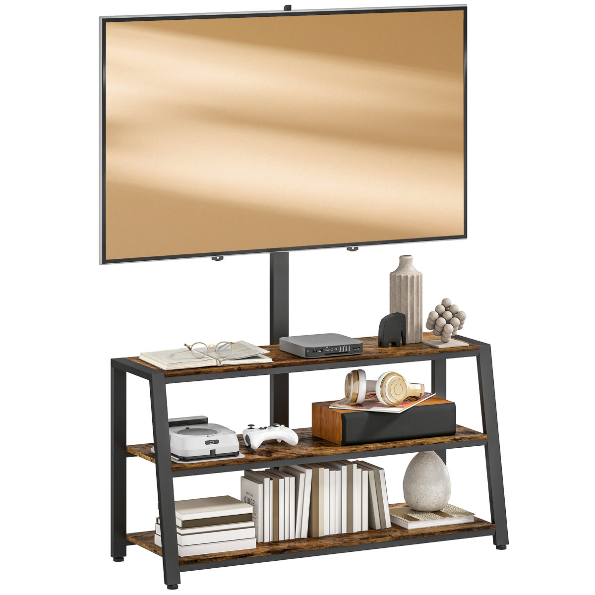 TV stand cabinet with swivel TV bracket, open storage shelves, and dark wood accents