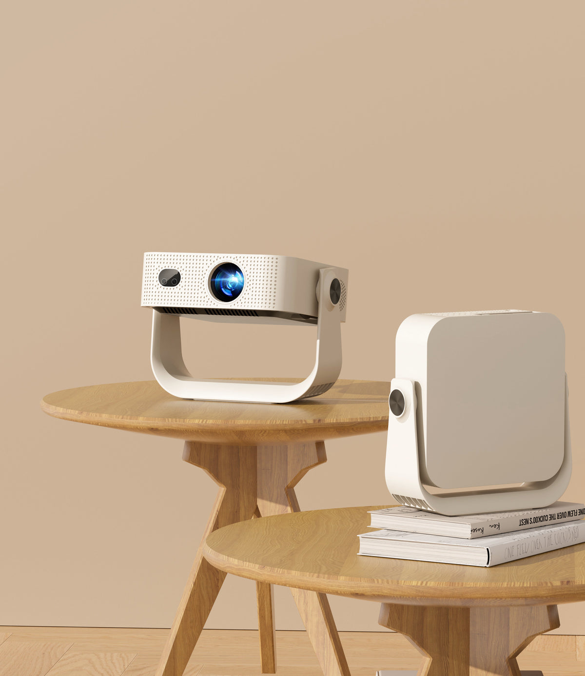 White LED smart projector with front lens, side handle, and compact stand