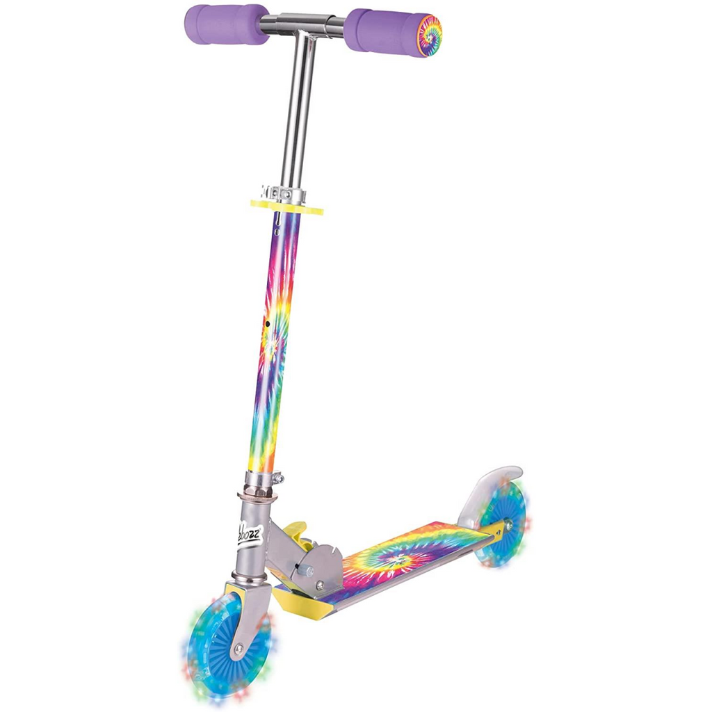 Rainbow tie-dye kick scooter with purple grips and flashing light-up wheels