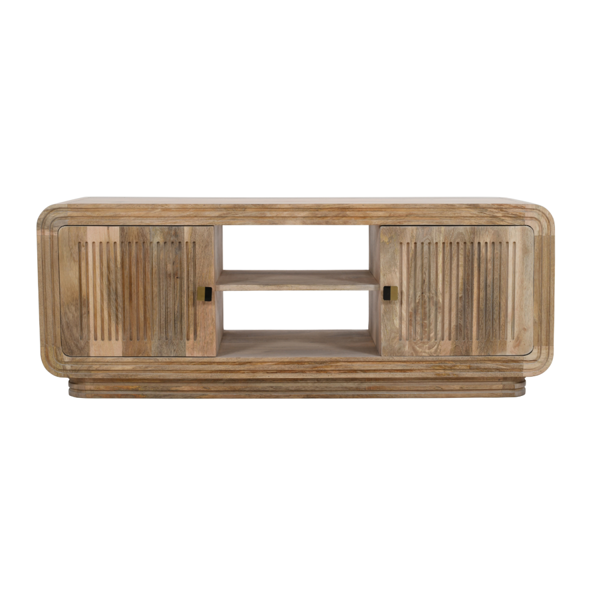 Mango wood TV cabinet front view: two carved door panels with central open shelf.