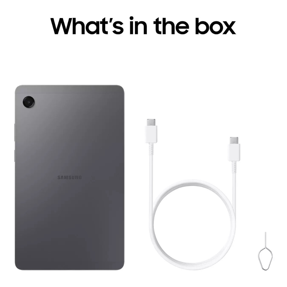Grey Samsung tablet back with charging cable and SIM ejector tool