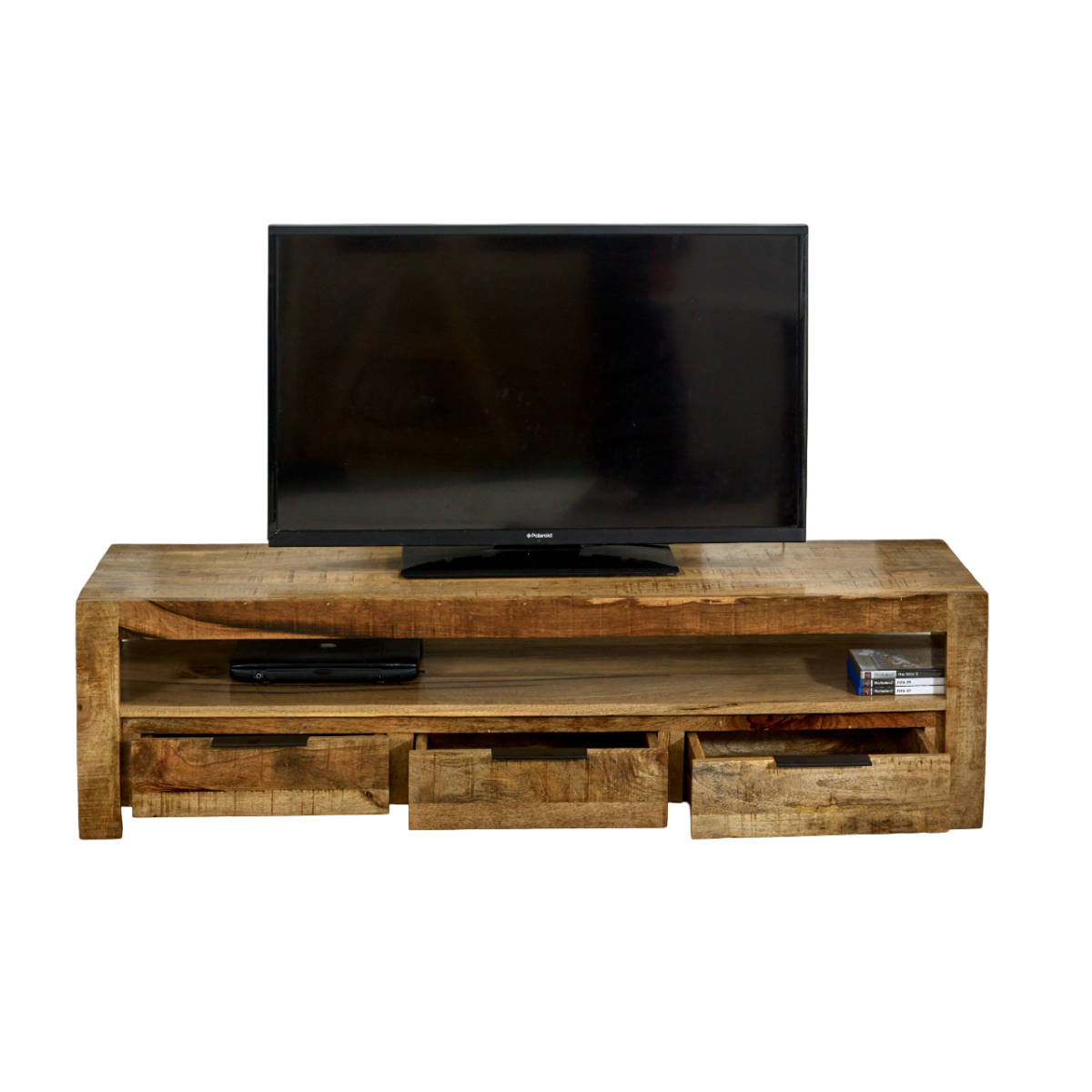 Solid wood TV stand with open media shelf and three drawers; TV and remote on top.