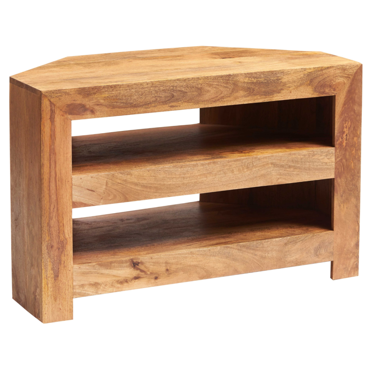 Mango wood corner TV cabinet with thick top and two open media compartments