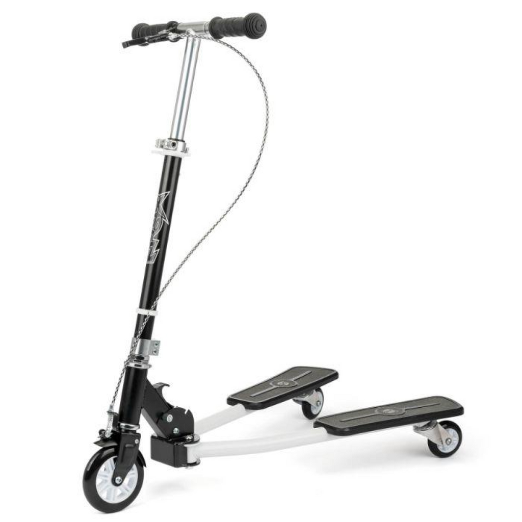Foldable kick scooter with black stem and white deck, two rear wheels visible