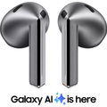 Silver wireless earbuds, front view with two earbud pods and stems