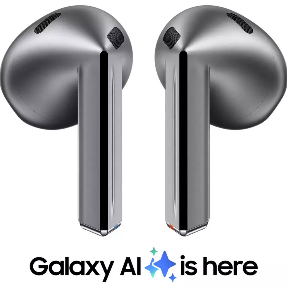 Silver wireless earbuds, front view with two earbud pods and stems
