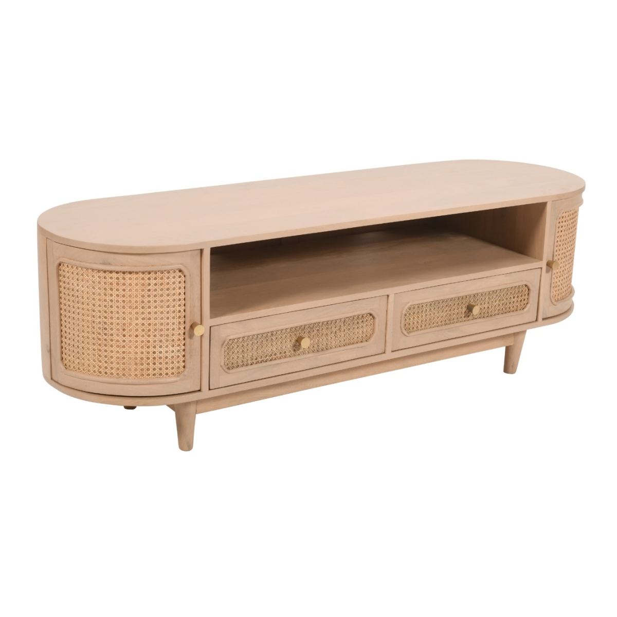 Light wood TV cabinet with cane-style rattan front doors, rounded top and tapered legs