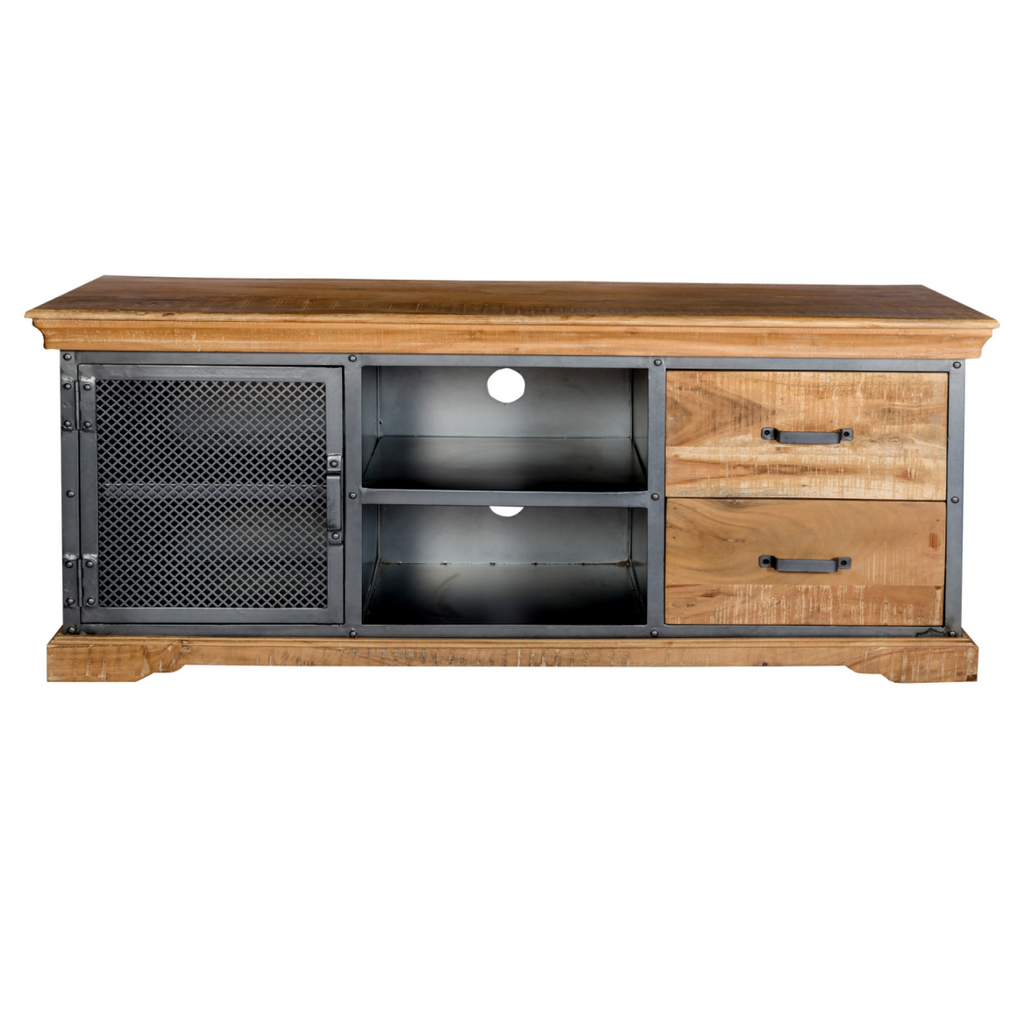 Wood TV media console with black mesh door, center shelves, and two drawer units.