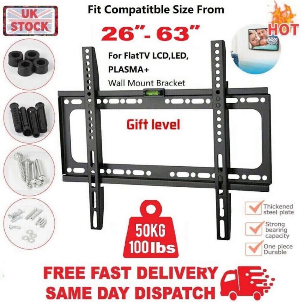 TV wall mount bracket kit with hardware screws, spacers, and installation level