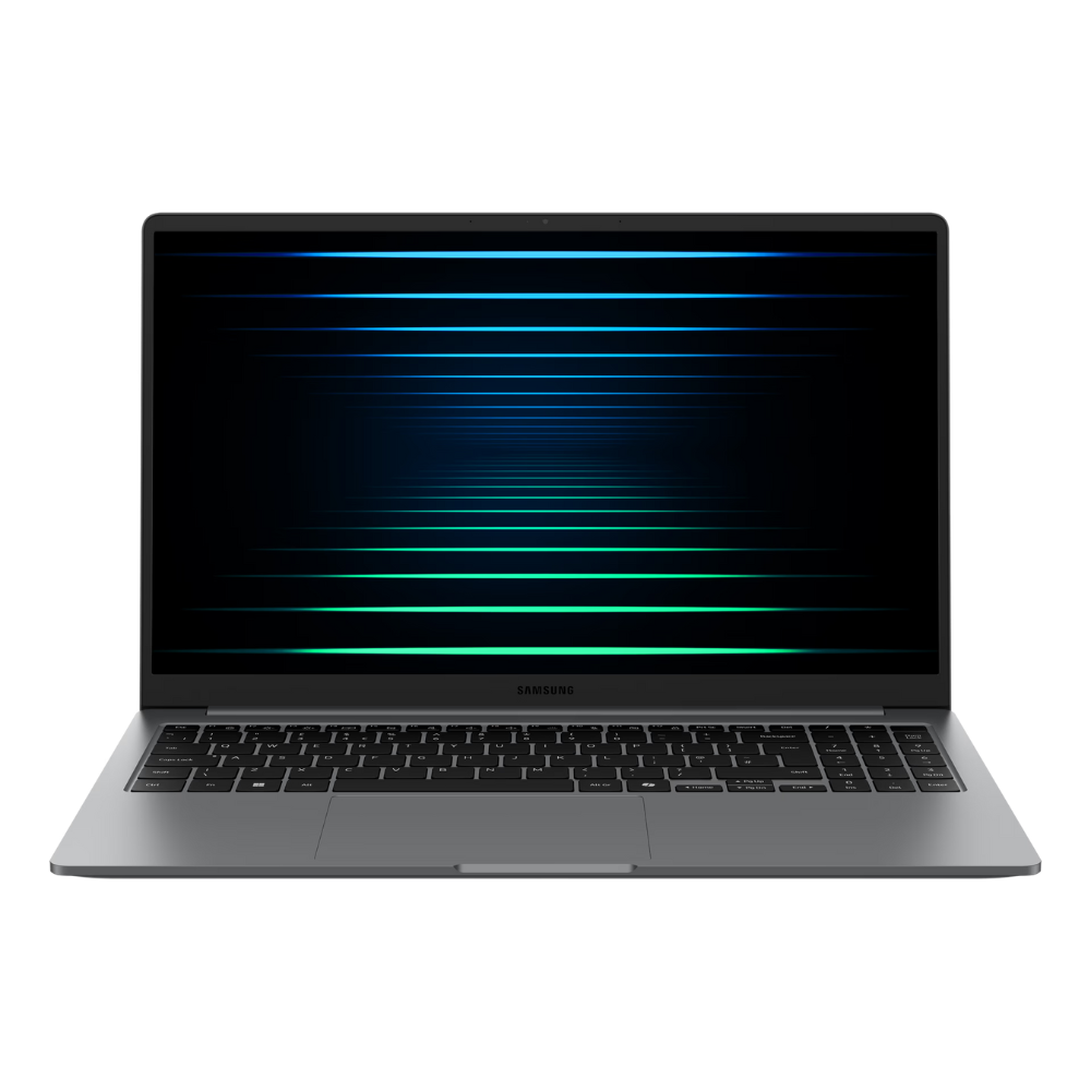 Gray Samsung laptop front view with illuminated display and full keyboard visible