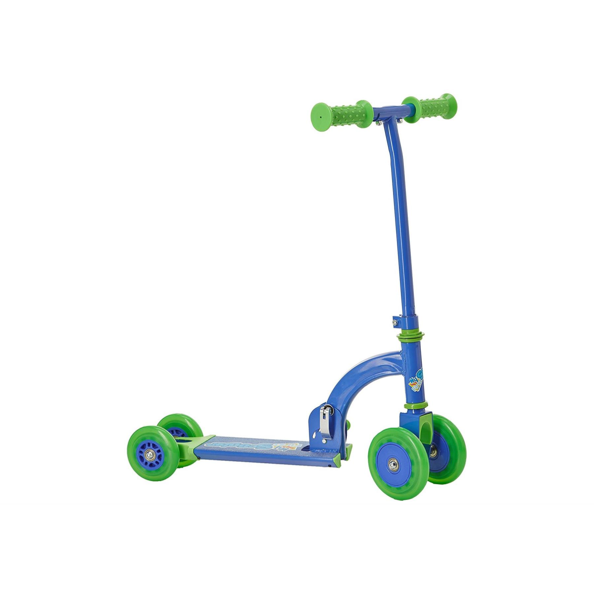 Blue-and-green three-wheel push scooter with front arch and green handle grips