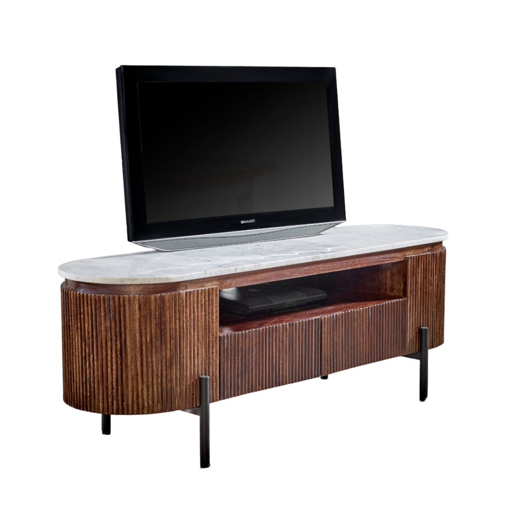 Mango wood TV console with white marble top, open center shelf, and metal legs