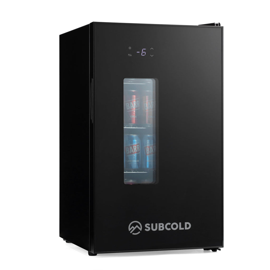 Black Subcold beer fridge with glass door panel and digital -6°C display
