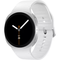 Silver round smart watch with black display and white silicone wrist strap