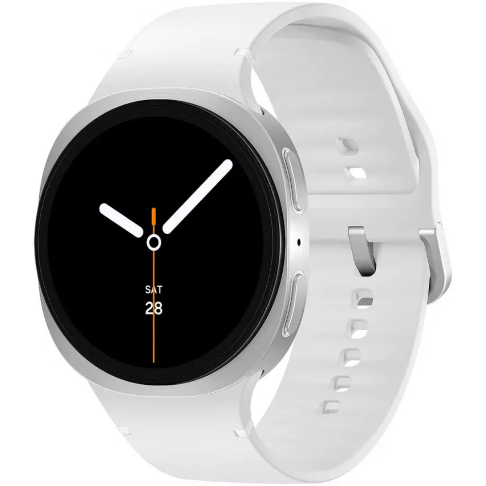 Silver round smart watch with black display and white silicone wrist strap