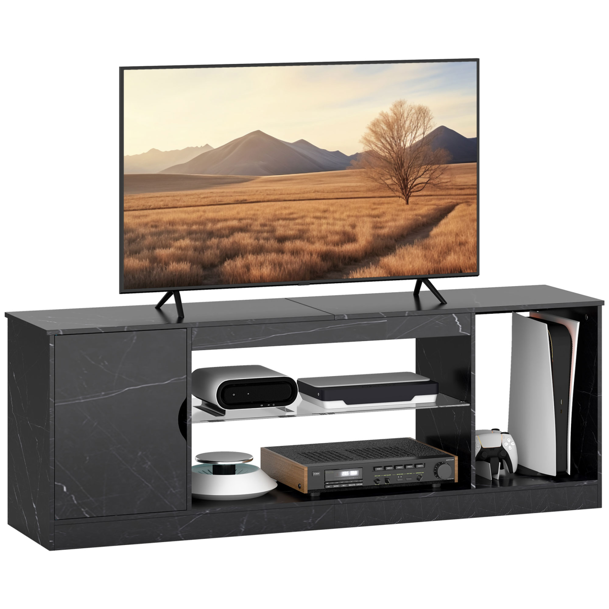 Black TV stand cabinet with glass shelf and enclosed side compartments for media.