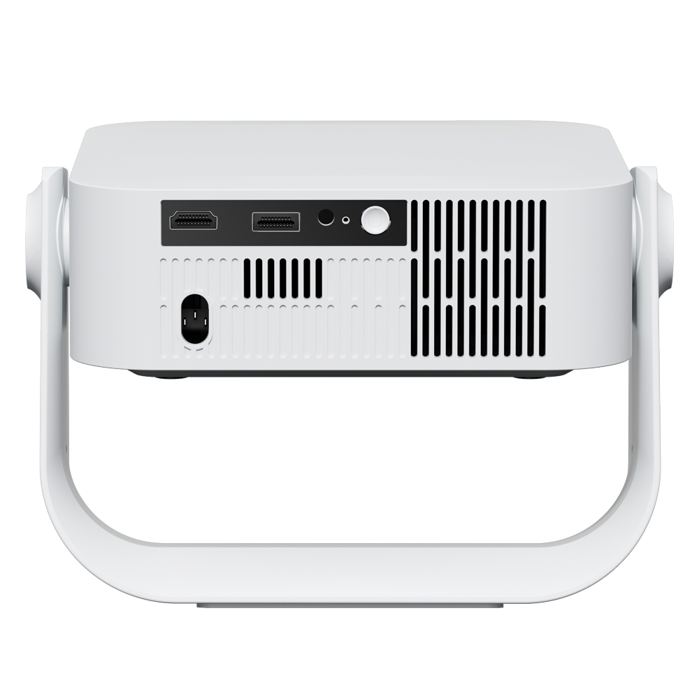 White smart projector rear panel with HDMI, USB, audio ports and cooling vents