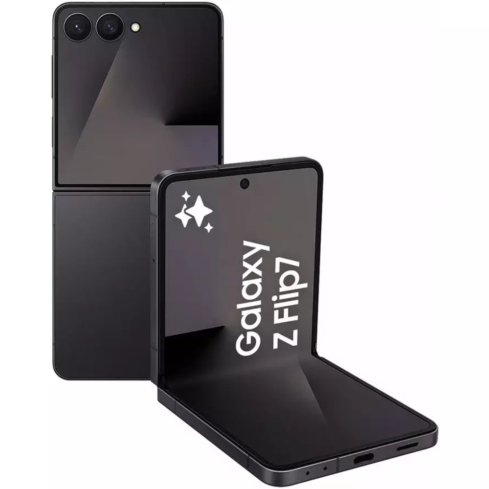 Jet Black foldable smartphone with screens closed and rear dual camera visible