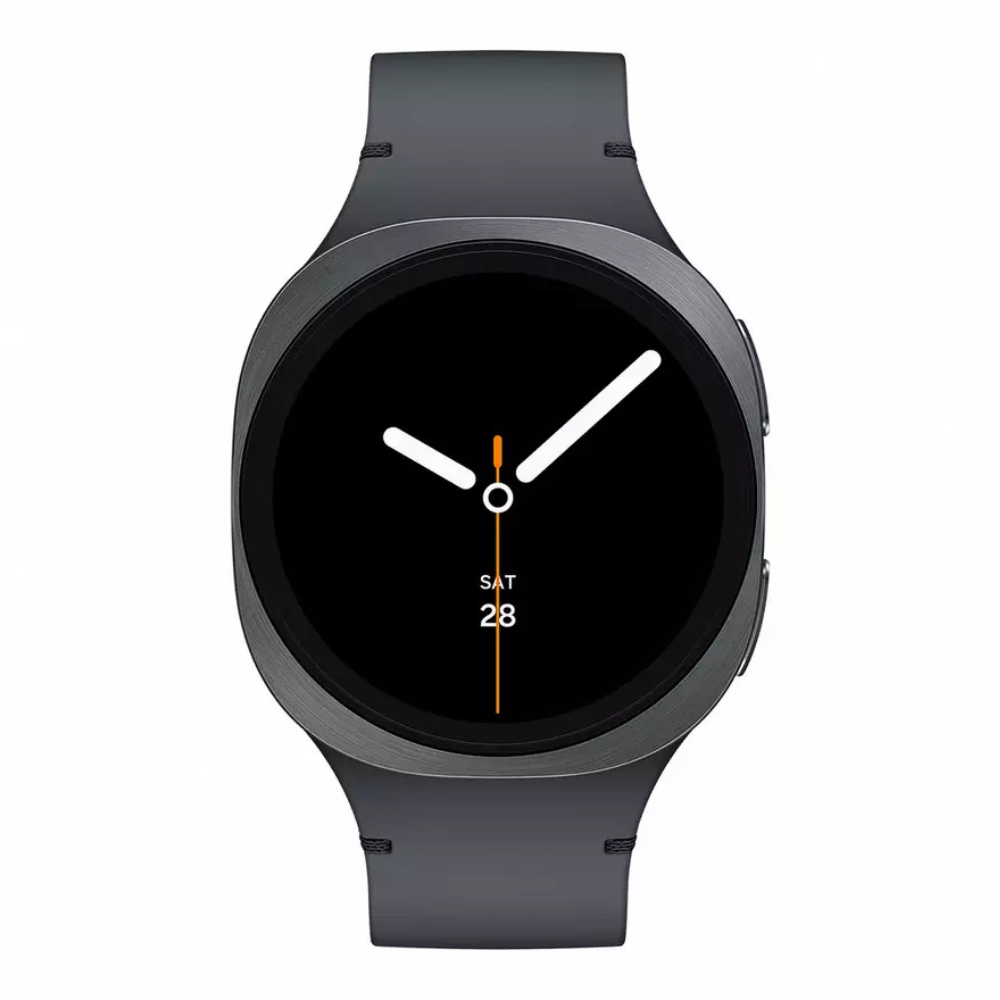 Graphite smartwatch with black round face and gray silicone strap, front view with slim bezel.