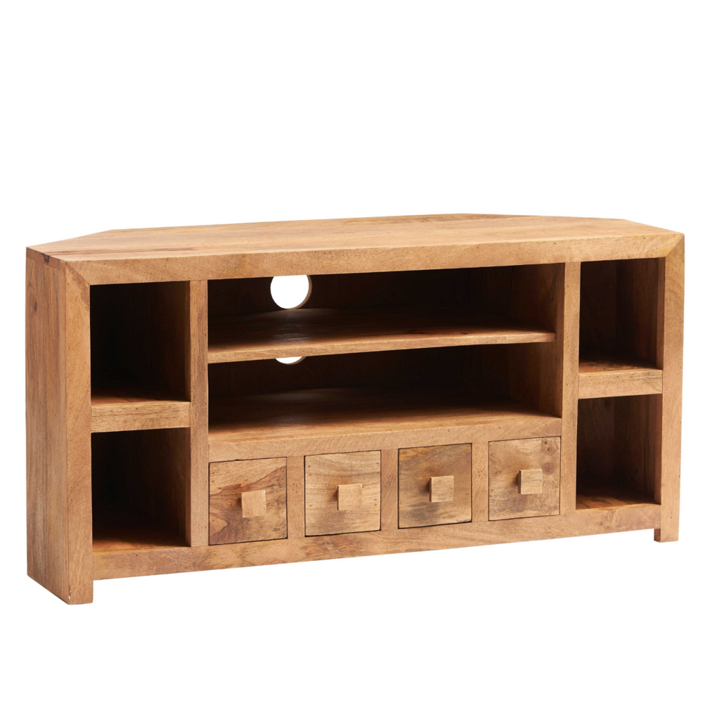 Light mango wood TV corner unit with open compartments and four drawer fronts in front panel