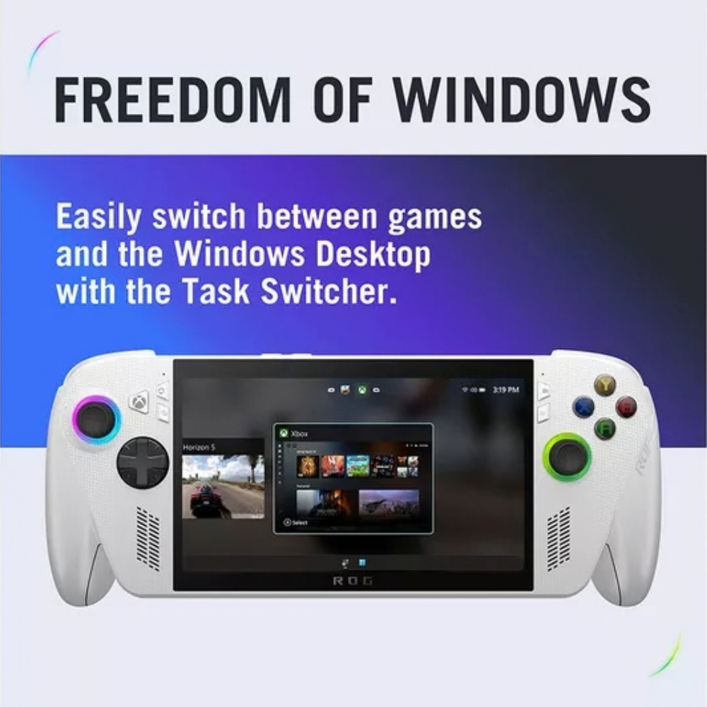 White handheld gaming console with touchscreen centered between controller grips