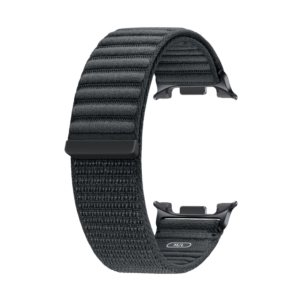 Graphite fabric watch band with textile weave and metal clasp pieces