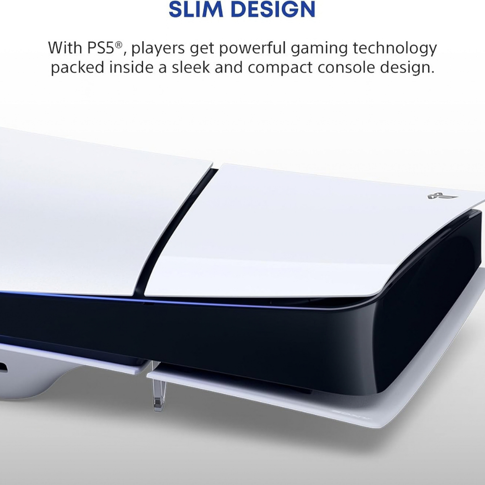 Close-up of white PlayStation 5 slim console with blue edge accent