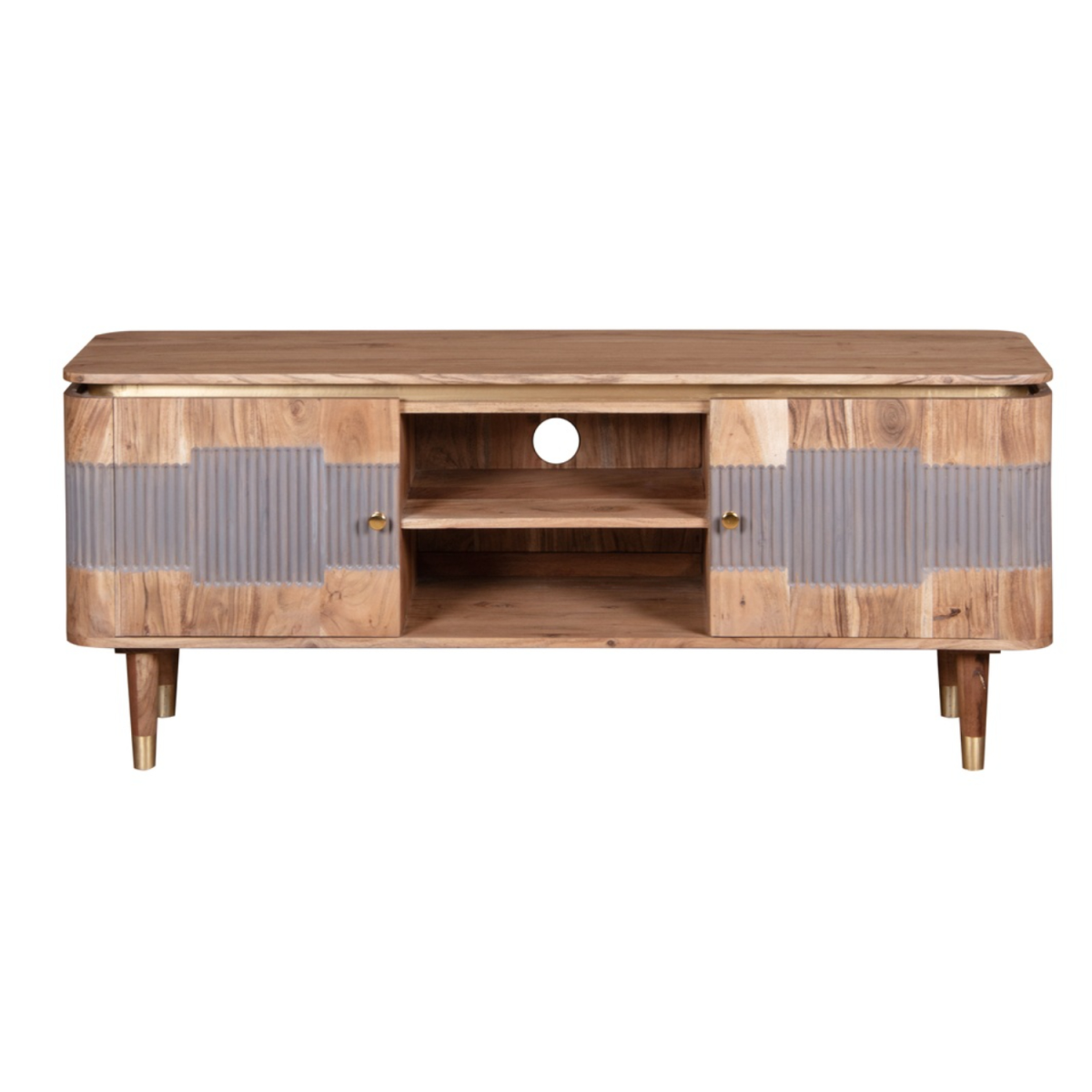 Acacia wood TV unit with gray ribbed cabinet fronts, central bay and round cable hole