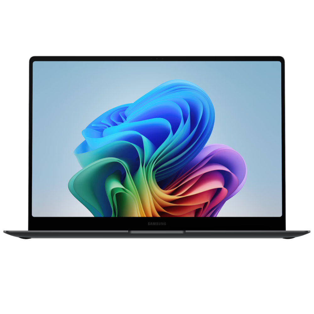 Gray Samsung laptop with front screen display and thin, low-profile body