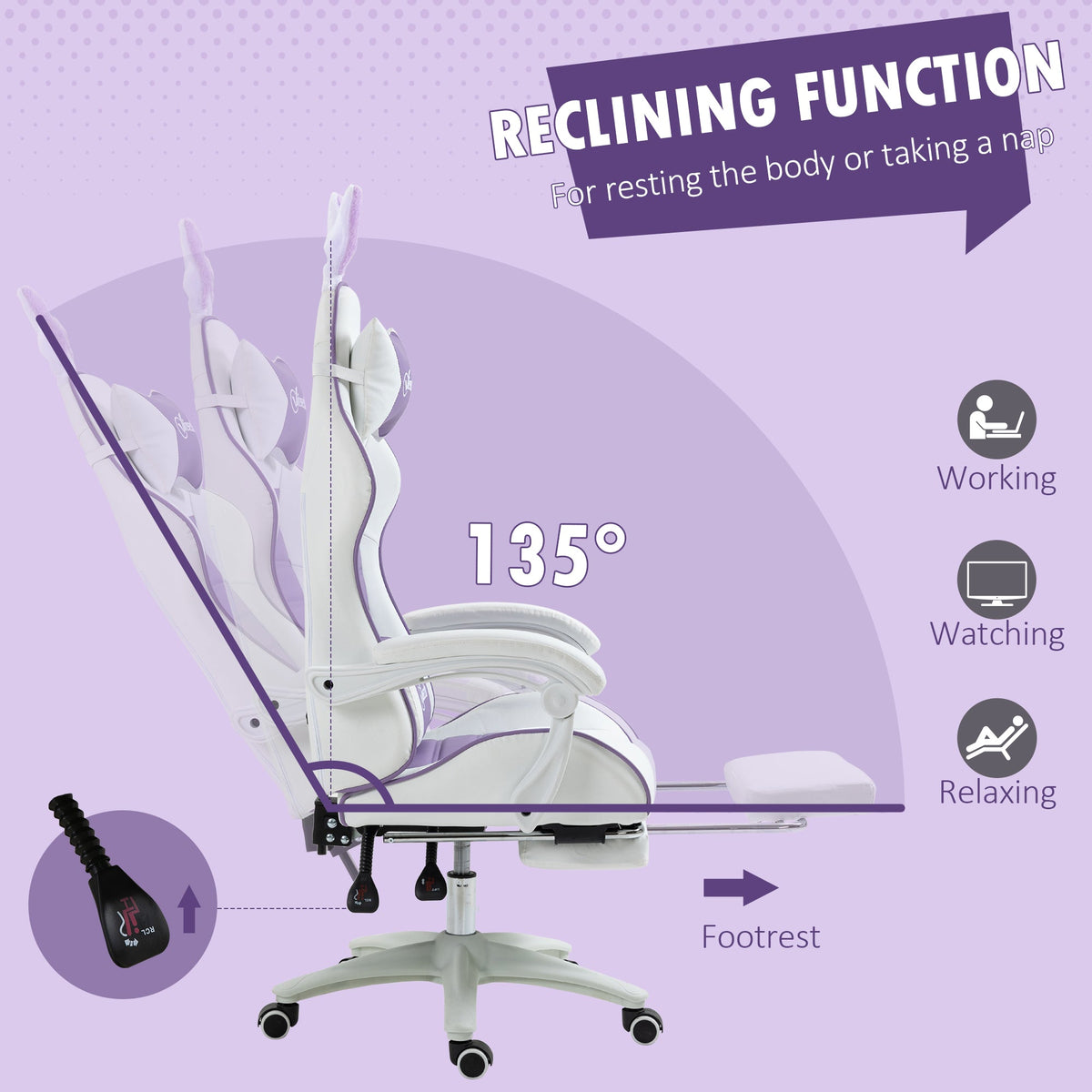 Purple and white recliner gaming chair with footrest and reclining backrest at 135 degrees.