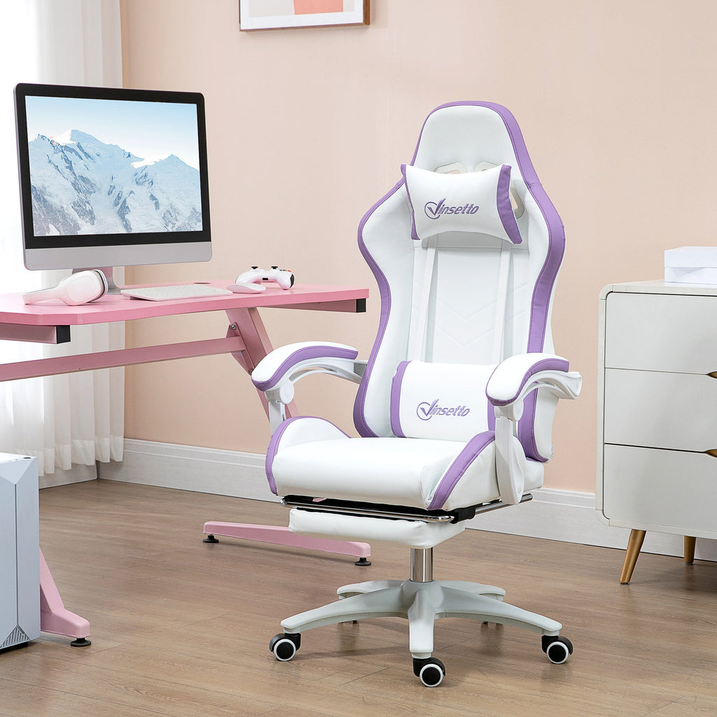 White and purple gaming chair with headrest and footrest on rolling swivel base