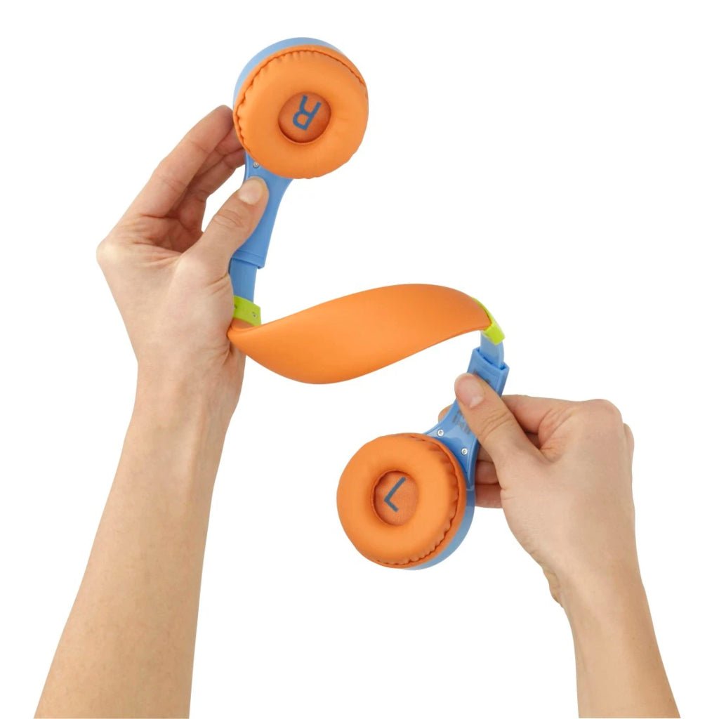 Kids on-ear headphones with orange earcups and blue headband, wired