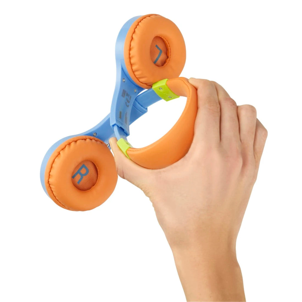 Kids on-ear headphones, orange ear cushions and blue frame with green adjusters