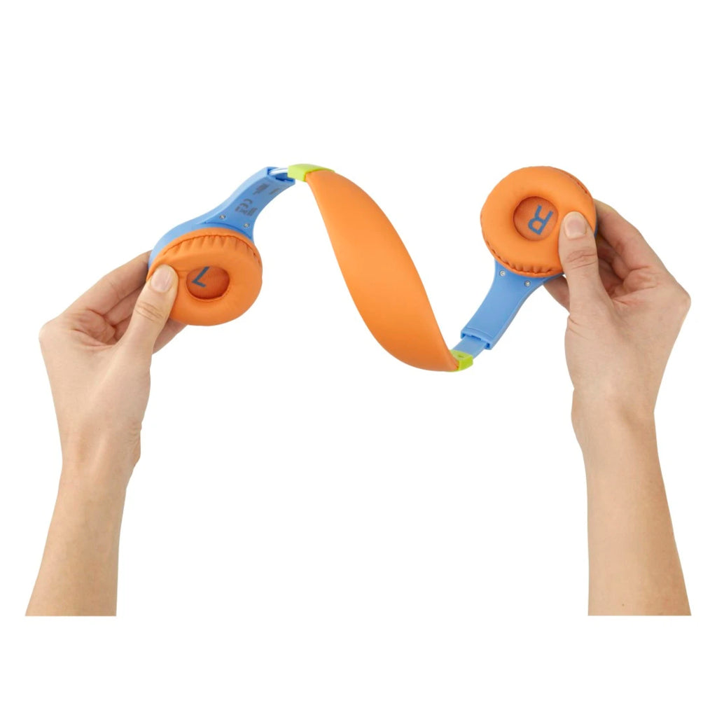 Kids on-ear headphones being worn, hands holding earcups, blue and orange
